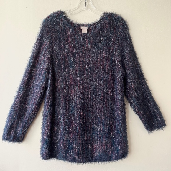 Chicos Sz L Marled Purple Eyelash Knit Boatneck Pullover Fuzzy Sweater - Picture 1 of 6